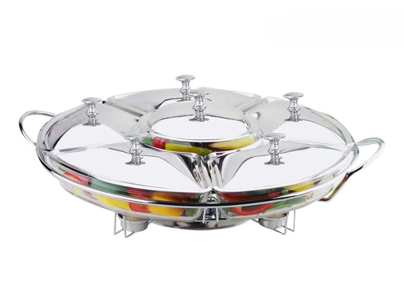 Rechaud Giratório Com 6 Compartimentos Aço Inox e Vidro 52cm